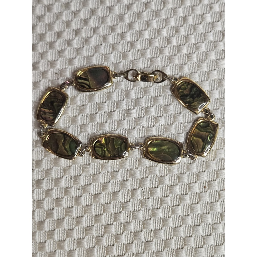 Vintage Gold Tone Abalone Shell Panel Link Bracelet Korea 1970s Costume Jewelry